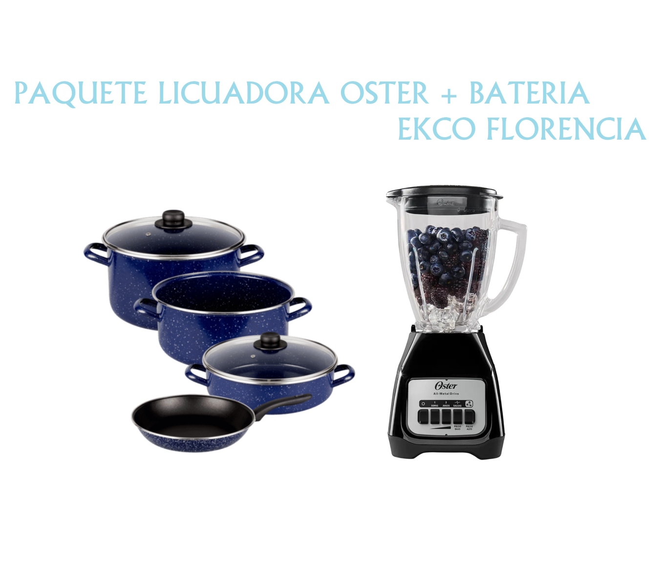 Paquete Licuadora Oster BLSTKAG-BPB V/Vidrio + Batería Ekco Florencia 6 Pzas Azul ORT/ENDY10