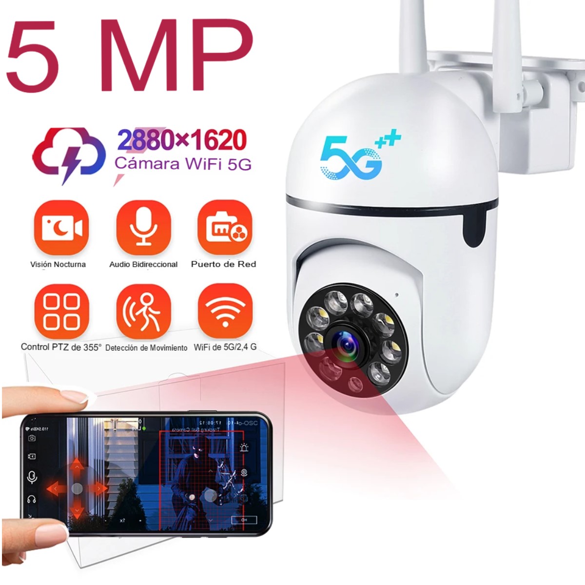 Cámara videovigilancia 5G IP CCTV PTZ Wifi seguimiento inteligente Zoom 4X nocturna impermeable