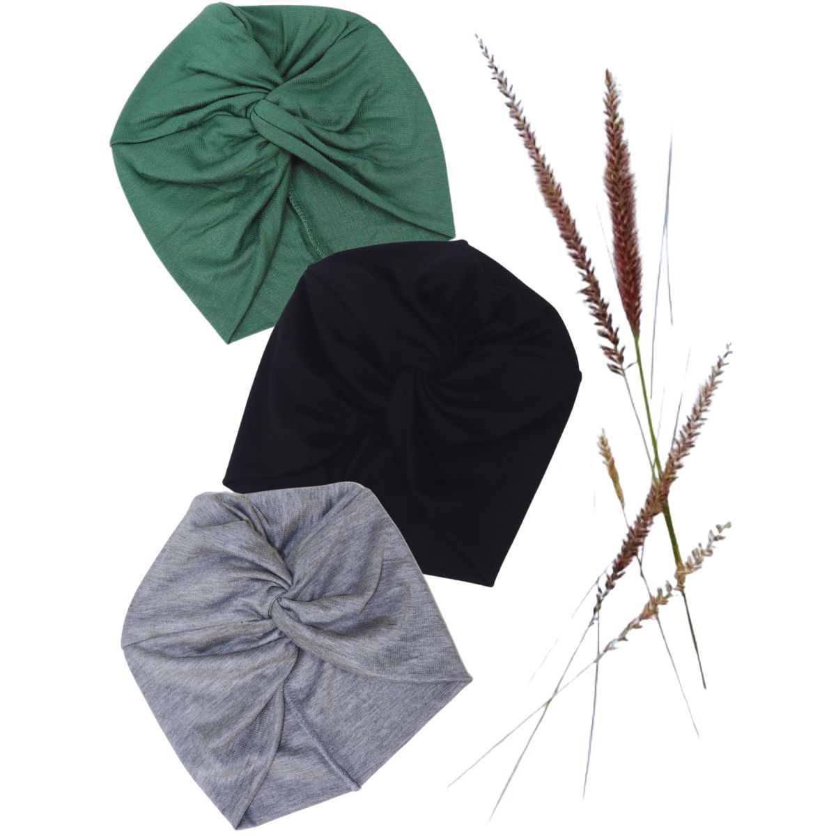 Mãe Baby Set de 3 Turbantes Gorro Algodón Mujer Musulmán Oncológico (Verde Dino, Negro y Gris)