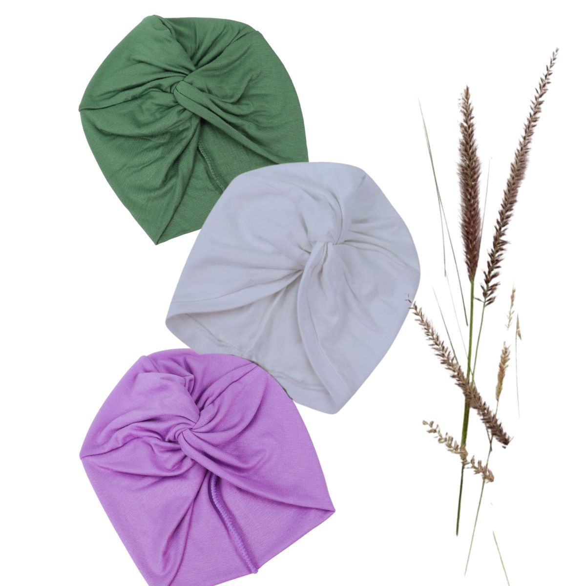 Mãe Baby Set de 3 Turbantes Gorro Algodón Mujer Musulmán Oncológico (Verde Dino, Blanco y Lila Malva)