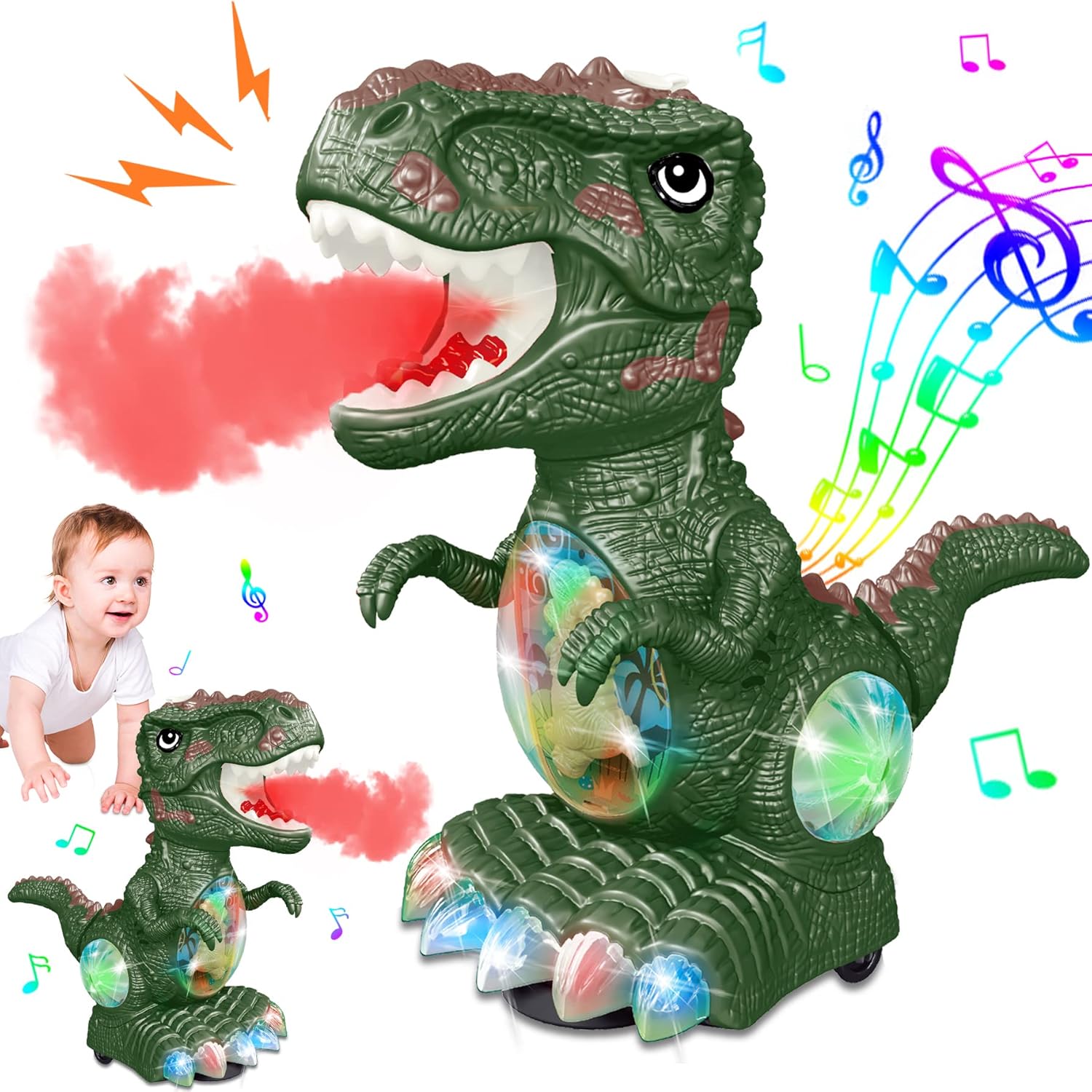 Juguetes de dinosaurio para niños de 1 a 2 años, música de rugido y luces