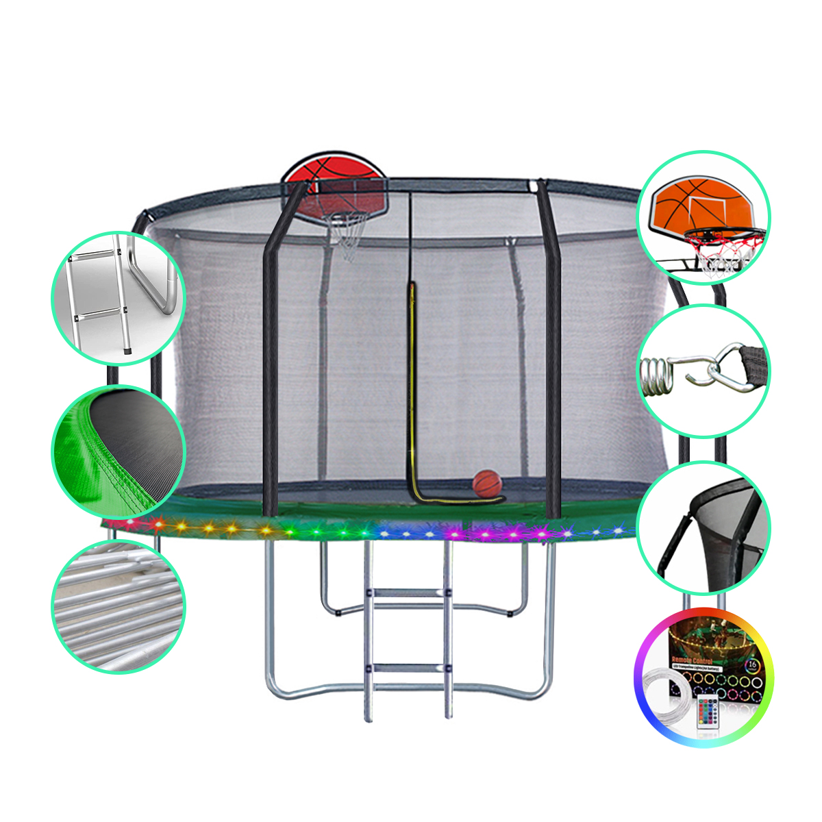 Trampolín brincolin premium uso comercial 12ft – 3.65m *Con Luces LED Tubular* + canasta de basketball + protección perimetral red de seguridad