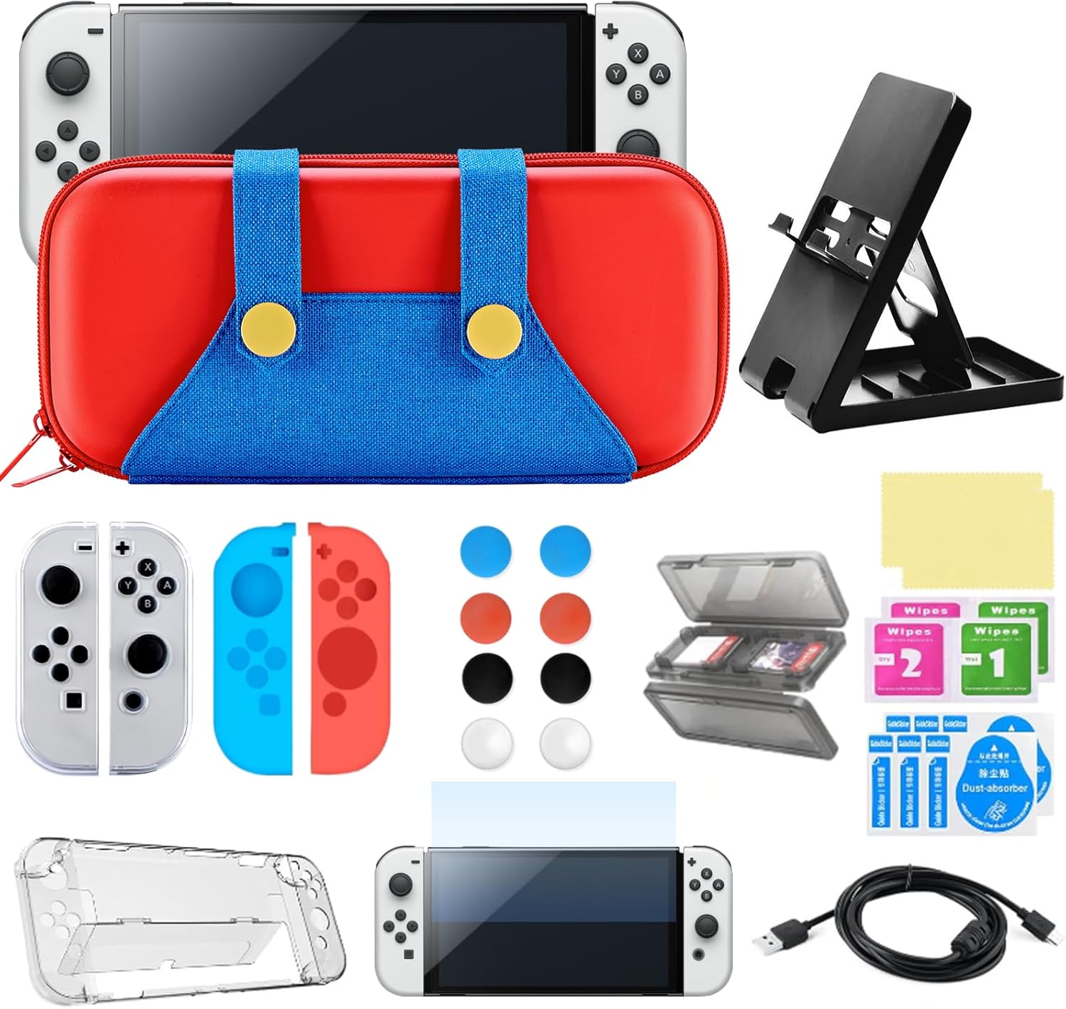 Funda Switch Compatible con Nintendo Switch y Switch OLED, Estuche Switch Bundle Lindo y Portátil, Case para Nintendo Switch Lujoso con 10 Juegos Kit de Accesorios 24 en 1 - Rojo