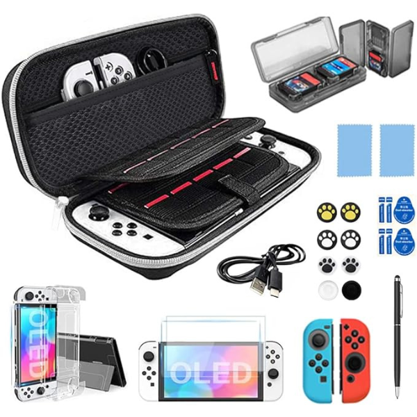 Estuche Kit de Accesorios Nintendo Switch OLED 21 en 1, Funda de Viaje, 2 Protector de Pantalla Vidrio, Carcasa Transparente, Joy-con Pulgar Grips, 8 Tapas para Joystick, Cable USB, Caja de tarjeta de juego portátil