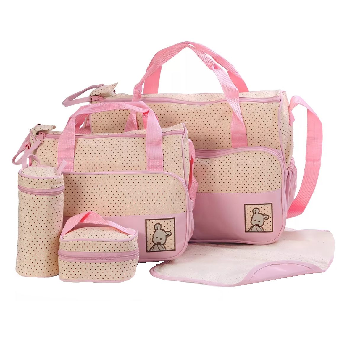 Set 5 Bolsas Pañaleras Cambiador Bebe Botella Viaje Multiuso Color Rosa Lisa