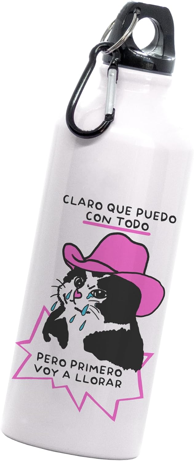  Cilindro gato meme claro que puedo con todo pero primero voy a llorar | frase meme divertido regalo | Botella Deportiva | 600 Ml | Bebidas Frías