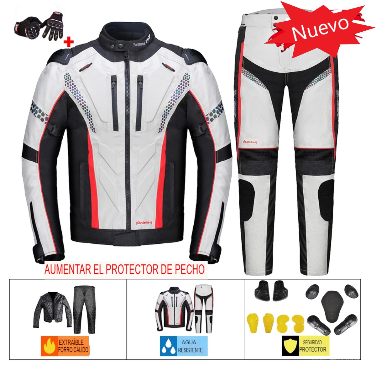 Chamarra blanco pantalón moto seguridad cazadora motocicleta protección armadura contra agua aire