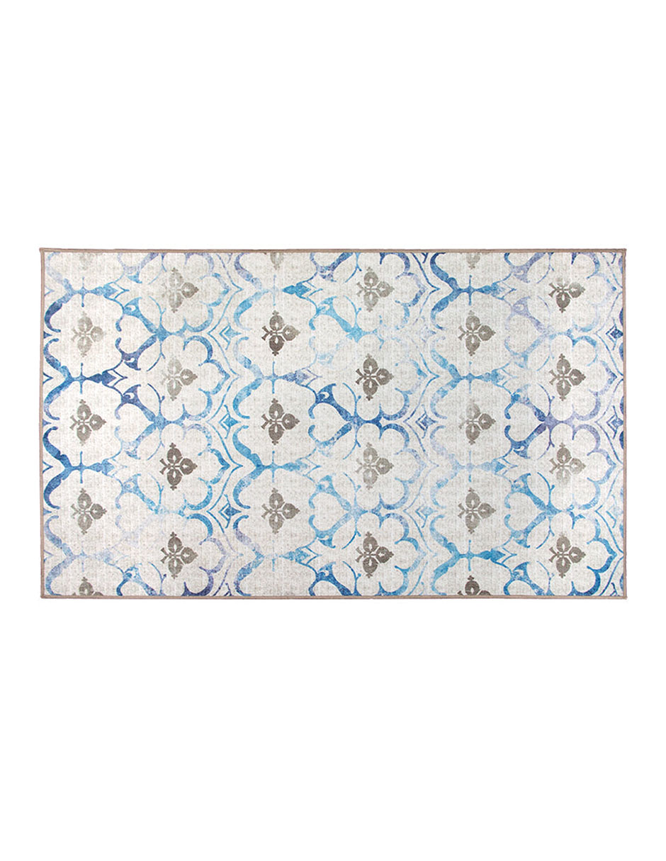 Tapete Alfombra Decorativo Lavable Leilani Damasco Beige Azul - Fine Art Tj