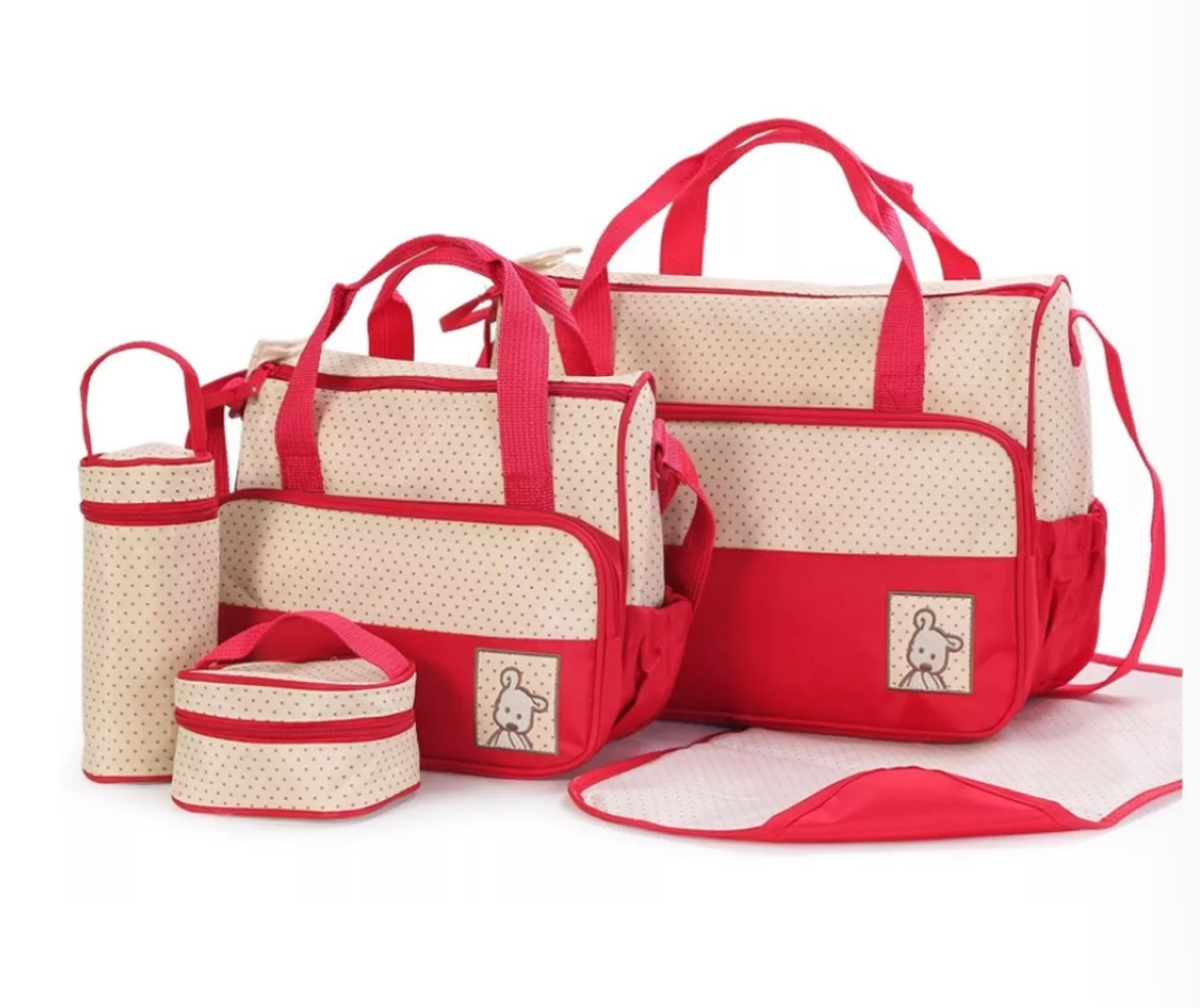 Set 5 Bolsas Panaleras Cambiador Bebe Botella Viaje Multiuso Rojo