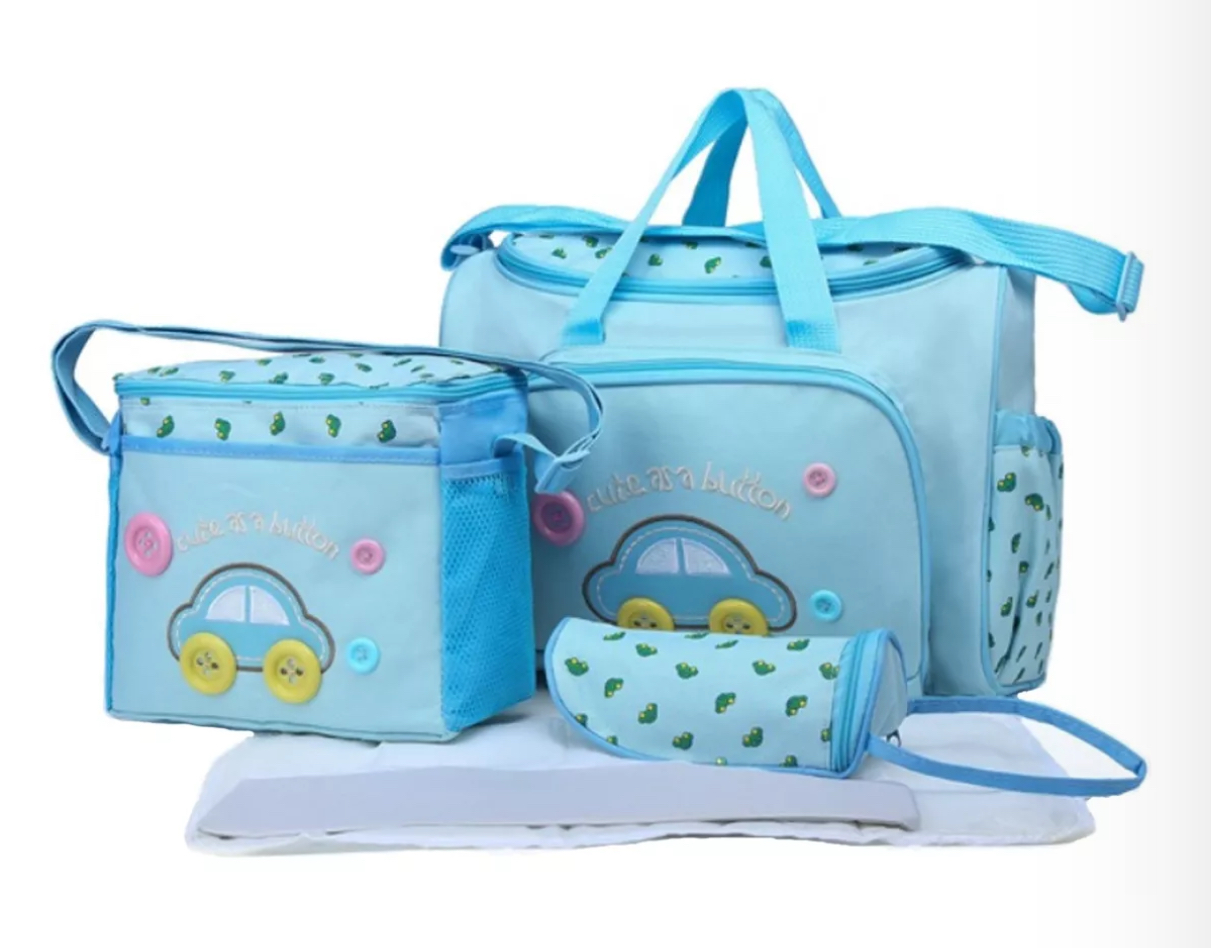 Set 4 Bolsas Pañalera Cambiador Bebe Botella Viaje Multiuso Azul Claro