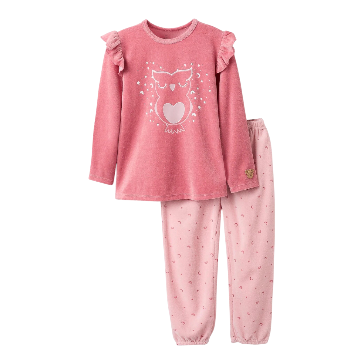 Pijama de Terciopelo Brilla en la Oscuridad para Niña Búho Rosa ZIPPY