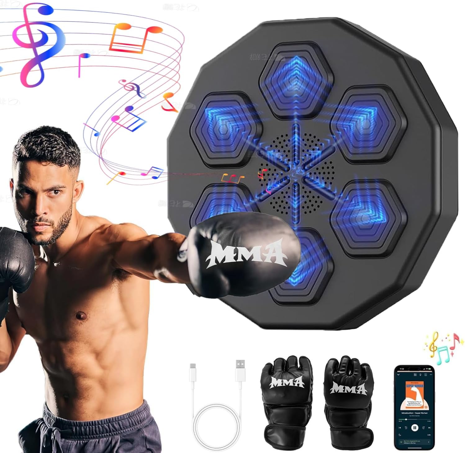 Máquina de Boxeo con Música Bluetooth Inteligente, Juego de Boxeo Montado En La Pared con Guantes de Boxeo, Objetivo de Boxeo Inteligente Recargable, Adecuado para Adultos Y Niños