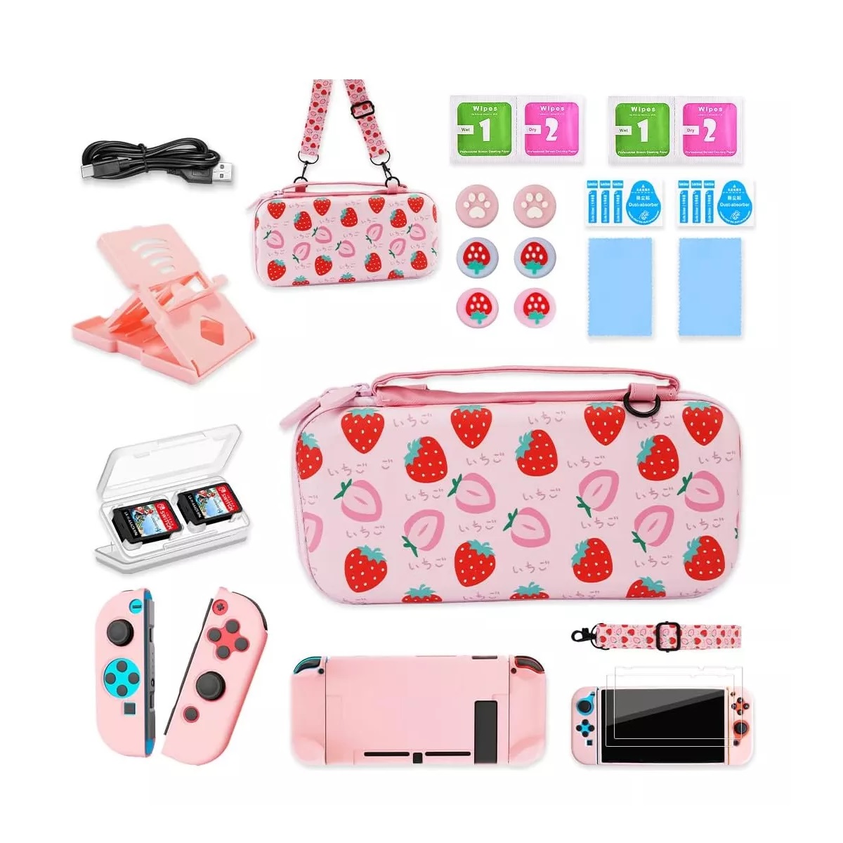 Kit De Accesorios Con Funda Rosa Para Nintendo Switch 22pcs