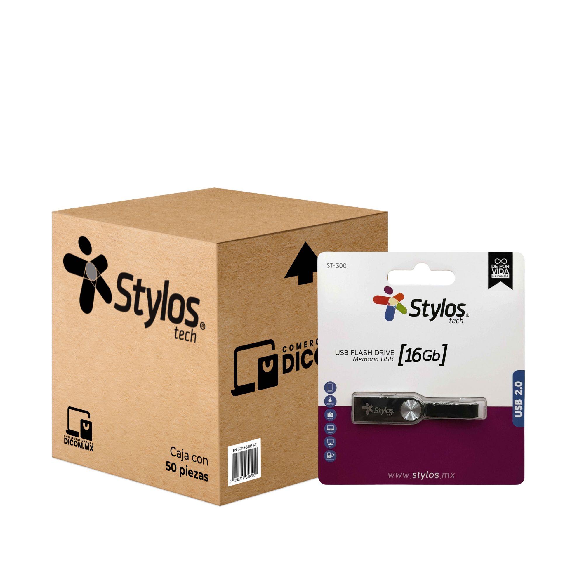 50 Pack - Memoria USB de 16 GB Stylos ST300, Metálica