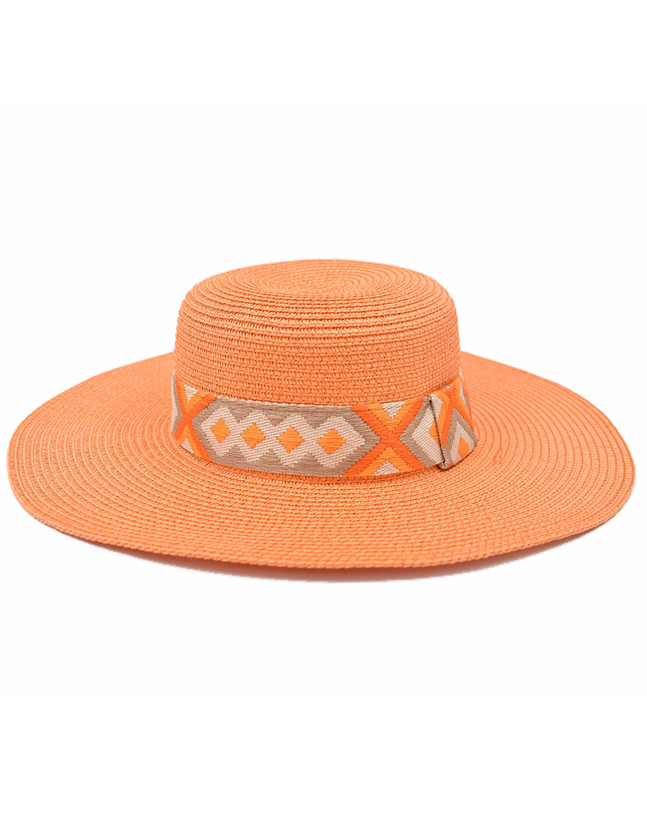 Sombrero Pamela Color Naranja Detalle de Cinta Bordada 