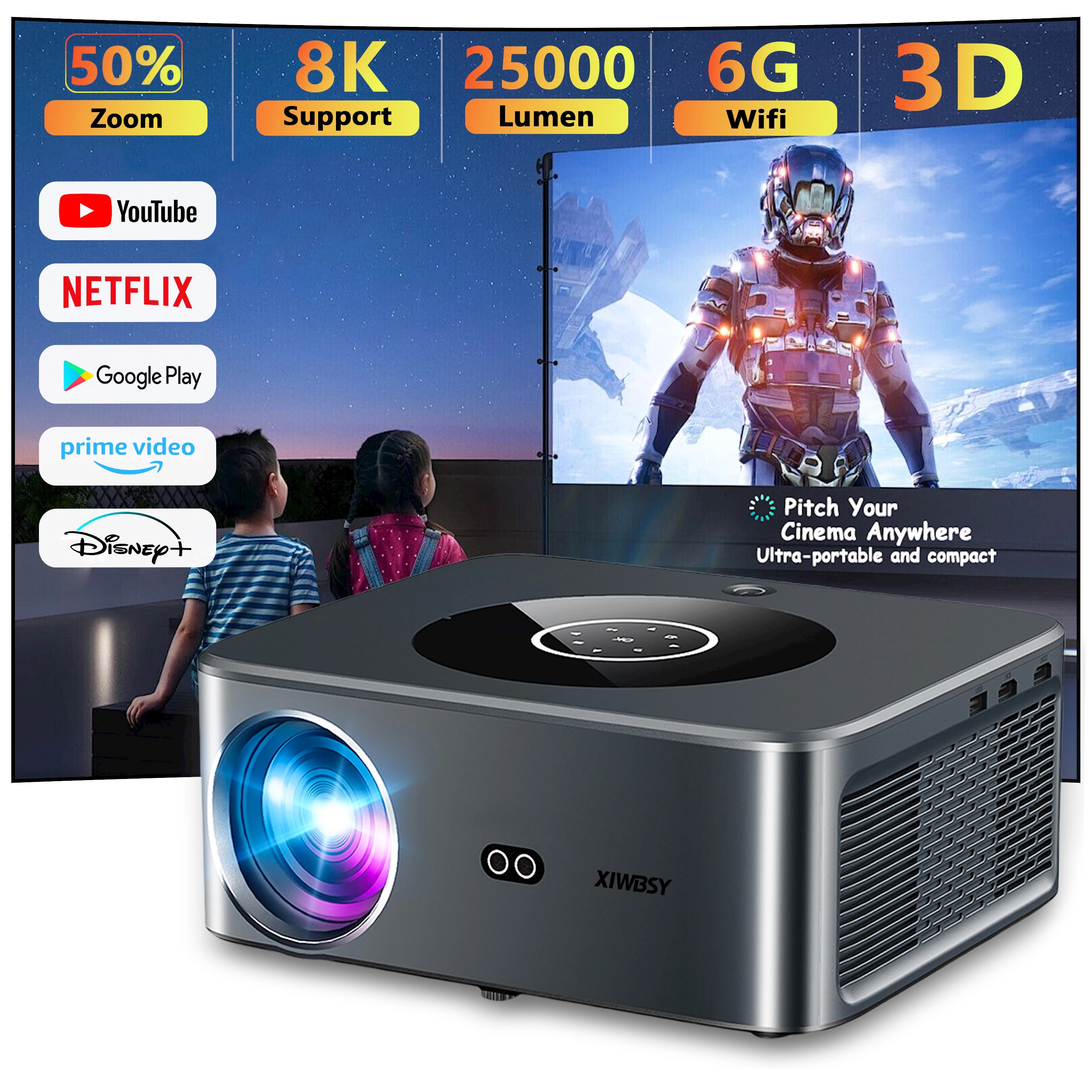 Proyector 25000 lúmenes Android 4K LED WiFi6 Bluetooth Video Cine casa video música touch Android