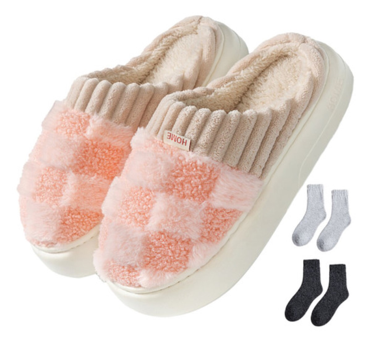 Pantuflas Para Mujer Suaves Cómodas Felpa + dos Pares Calcetín, rosa/cafe 