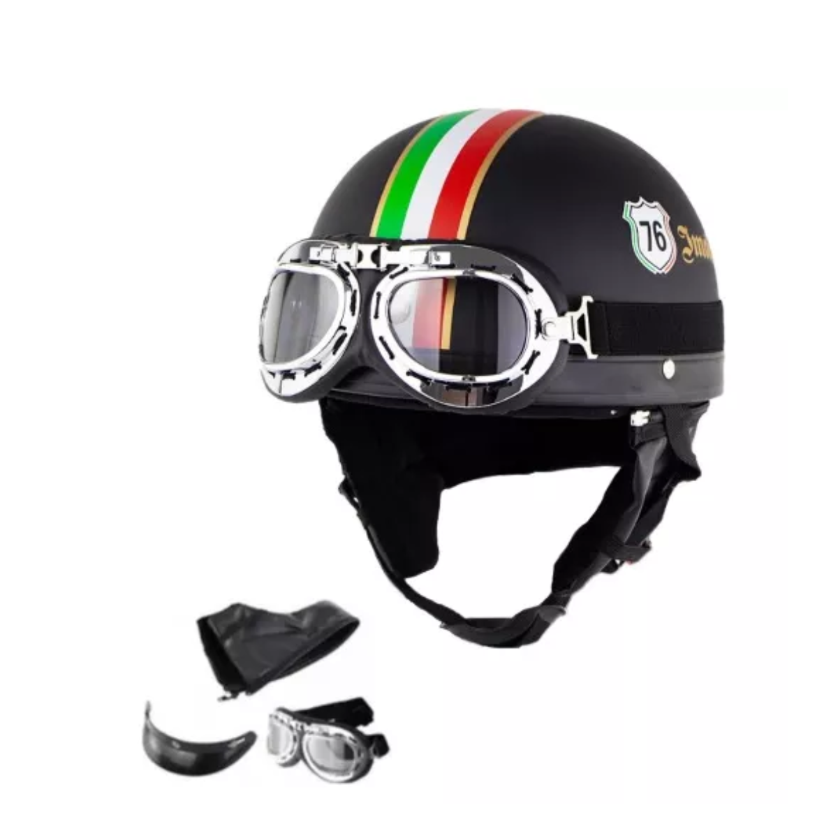 Casco De Motocicleta Medio Abierto Con Gafas De Visera Negro Italia 76