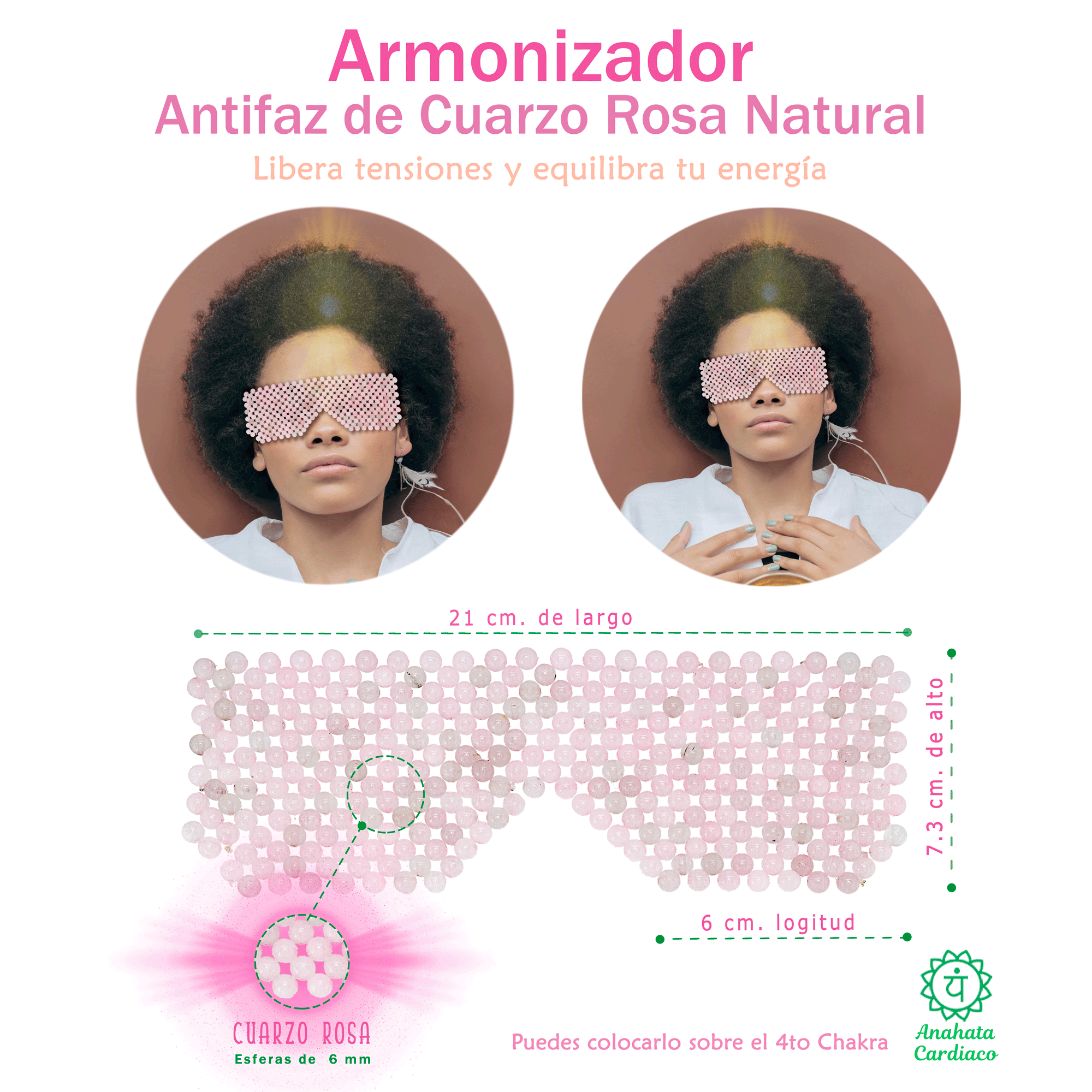 Cuarzo Rosa Natural Antifaz Energético Descanso Relajación y Meditación