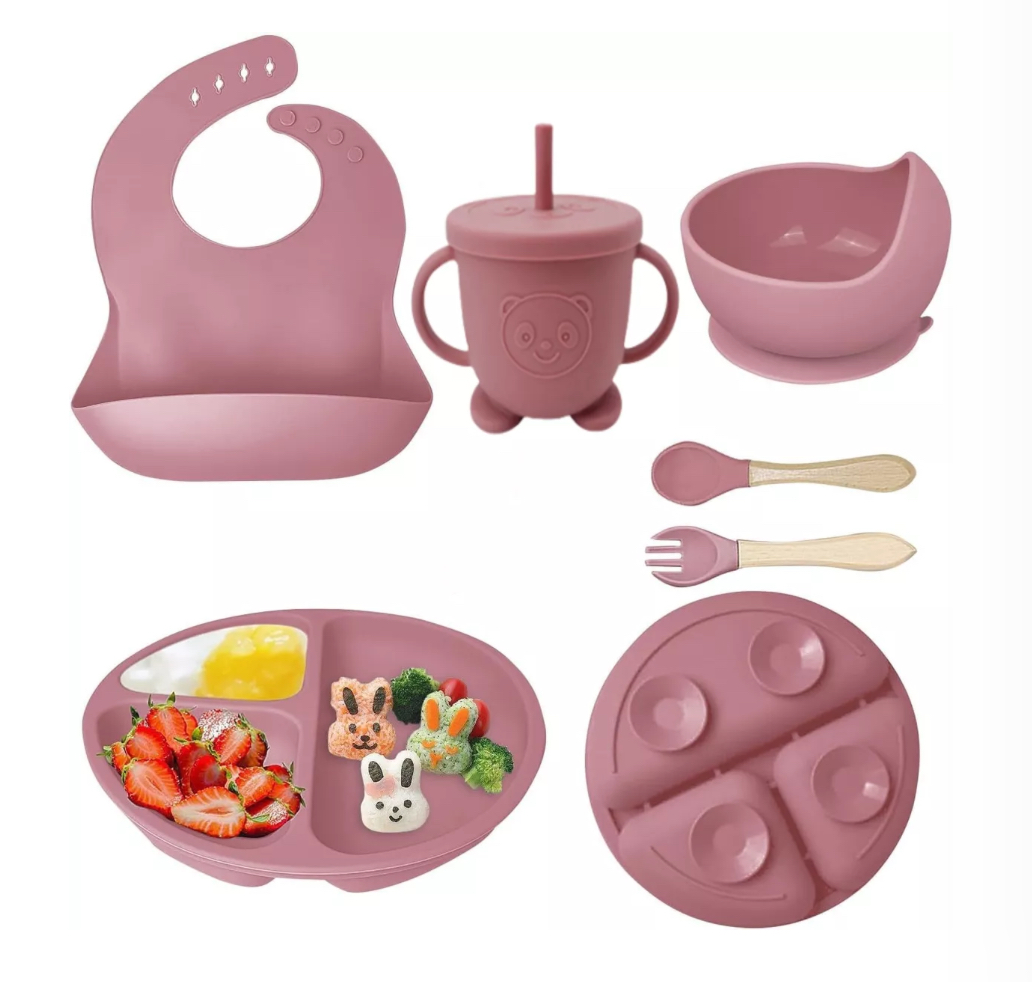 Platos Para Bebés De Silicona Con Tazón Cuchara Tenedor Rosa 