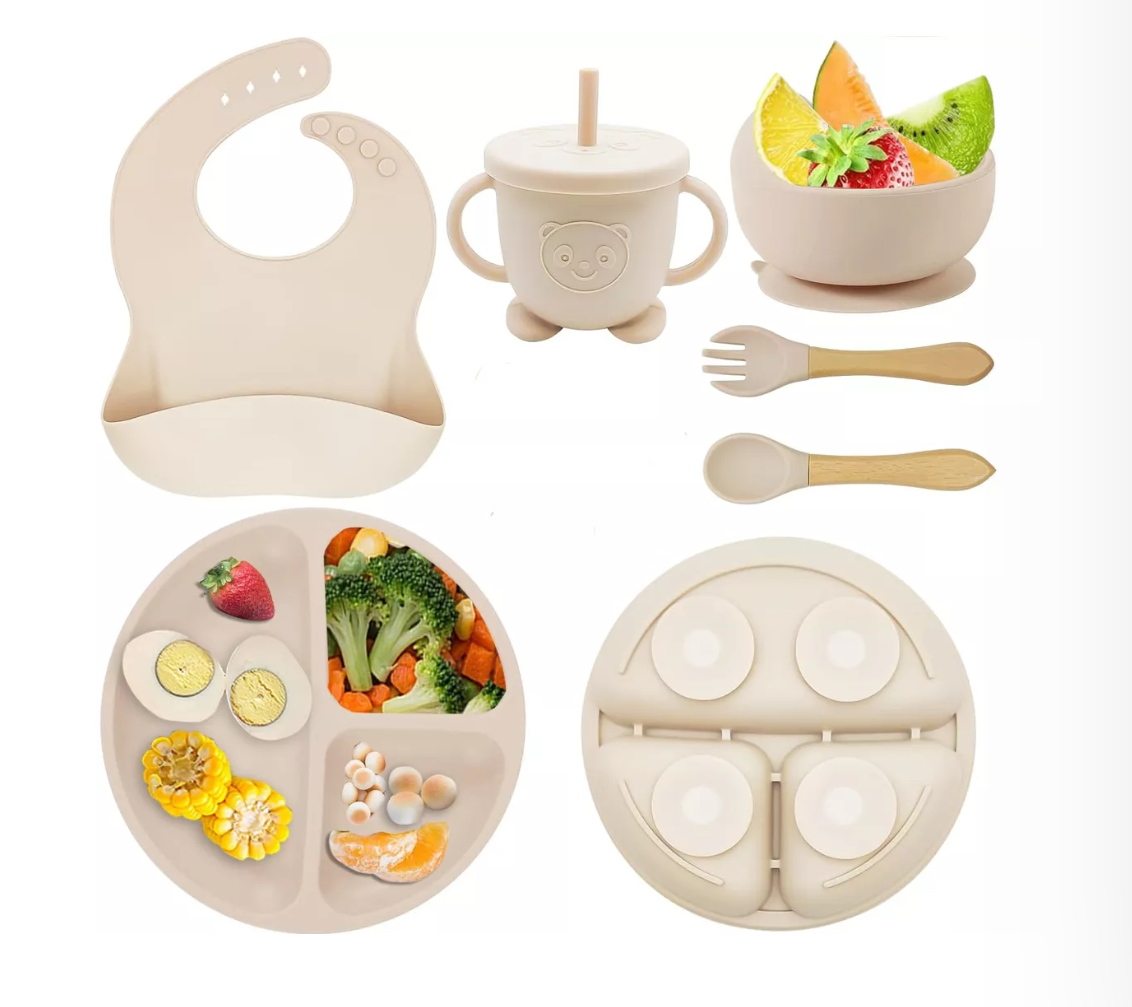 Platos Para Bebés De Silicona Con Tazón Cuchara Tenedor Beige