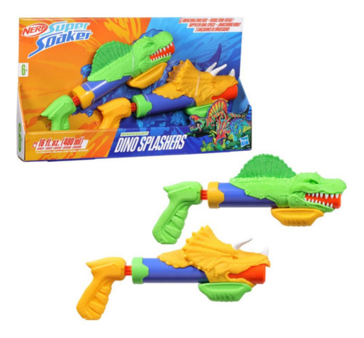 2 Lanzadores De Agua Dinosquad Dino Splashers Nerf, +6 Años VERDE MULTICOLOR