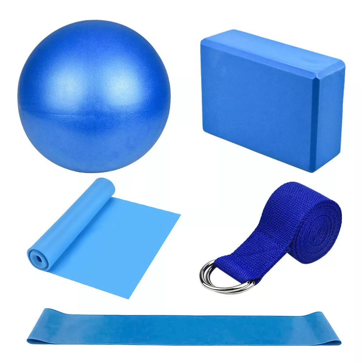 5 Set Bloque Para Yoga Pelota De Pilates Bandas Resistencia Azul