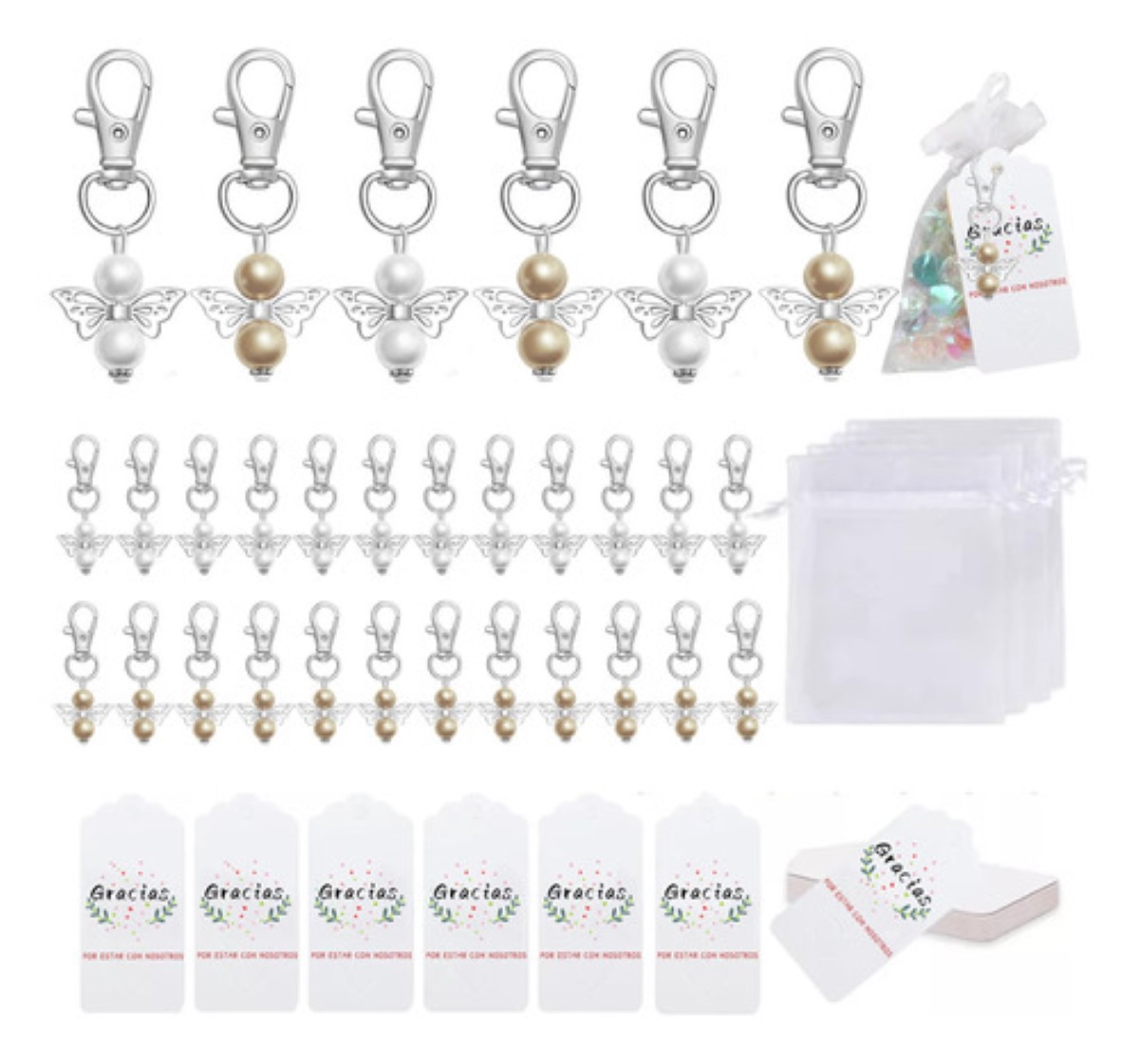 120 Llaveros Angel Con Bolsos De Organza Recuerdo Para Bebés ORO BLANCO