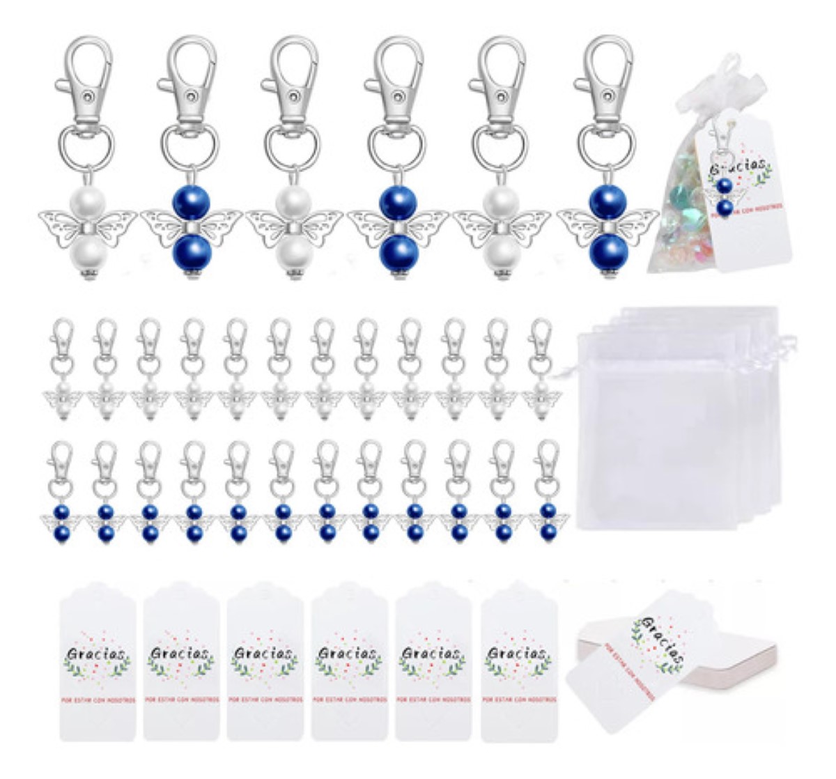 120 Llaveros Angel Con Bolsos De Organza Recuerdo Para Bebés AZUL BLANCO