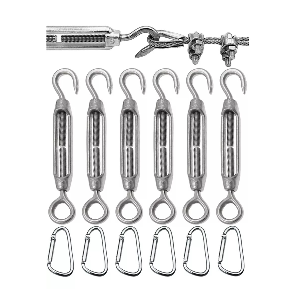 6pc Gancho Tensor De Alambre M4 Acero-inox 304+6 Mosquetones