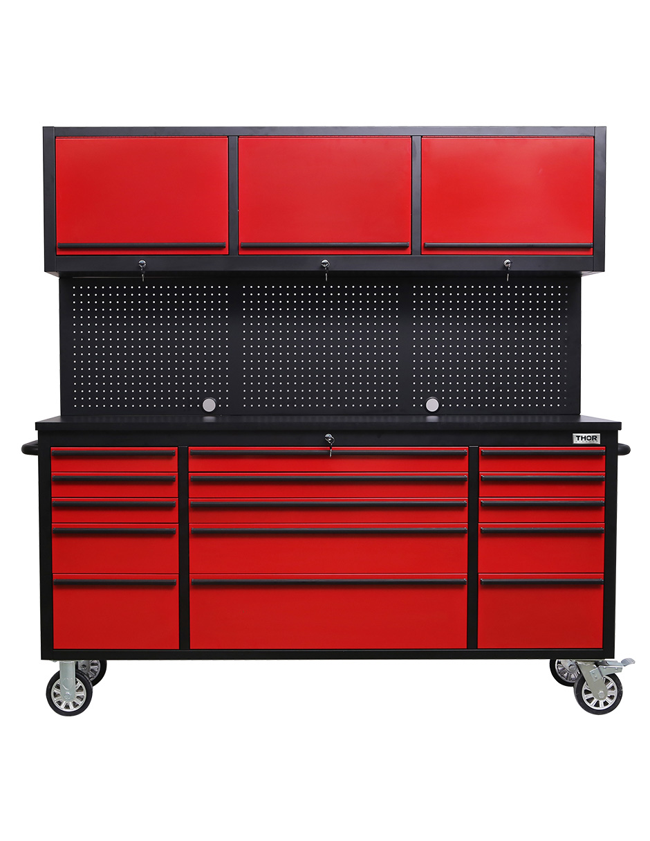 GABINETE DE ACERO INOXIDABLE COLOR ROJO 15 CAJONES Y 3 GABINETES SUPERIORES