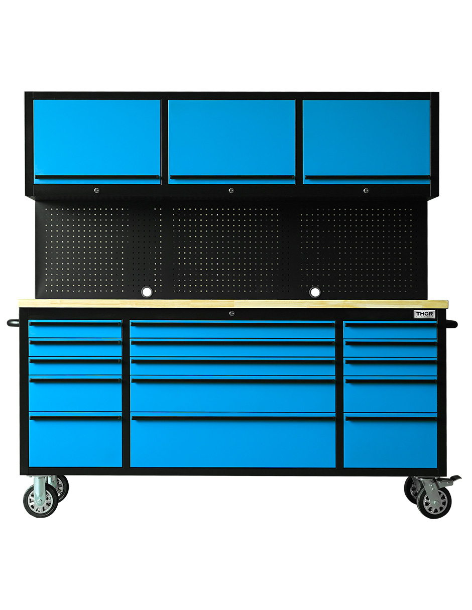 GABINETE DE ACERO INOXIDABLE COLOR AZUL 15 CAJONES Y 3 GABINETES SUPERIORES