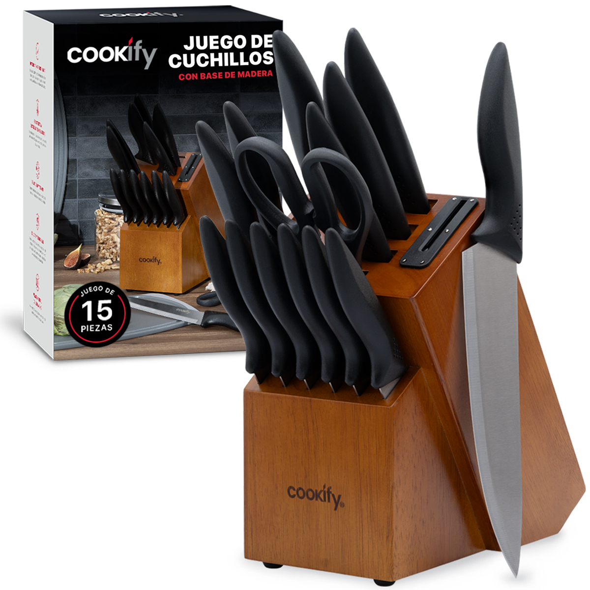 Cuchillos para Cocina 15 piezas en Set de Acero Inoxidable Juego con Base Tijeras y Afilador (Madera/Negro) Cookify