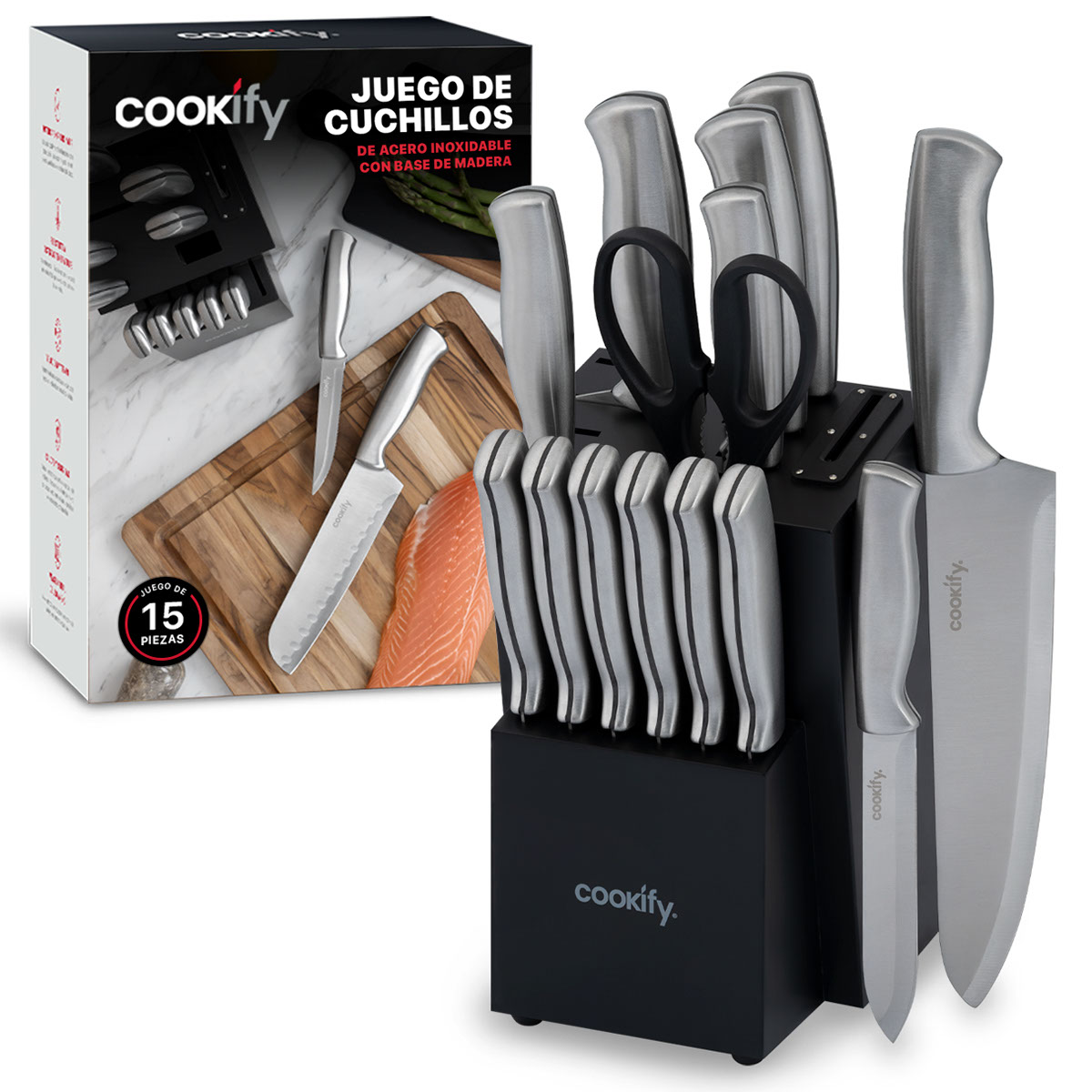 Cuchillos para Cocina 15 piezas en Set de Acero Inoxidable Juego con Base Tijeras y Afilador (Negro/Acero Inoxidable) Cookify