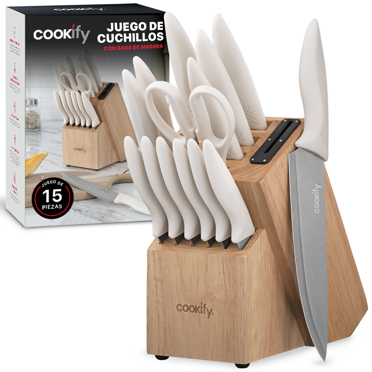 Cuchillos para Cocina 15 piezas en Set de Acero Inoxidable Juego con Base Tijeras y Afilador (Madera/Marfil) Cookify