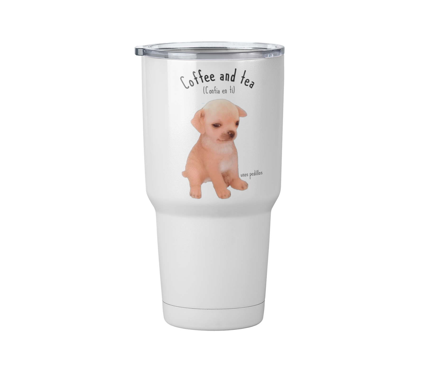 Termo Kesi Perrito Coffee And Tea | Confia en ti | Blanco Acero | frase meme divertido | Viajero Metálico 30 oz l Personaje
