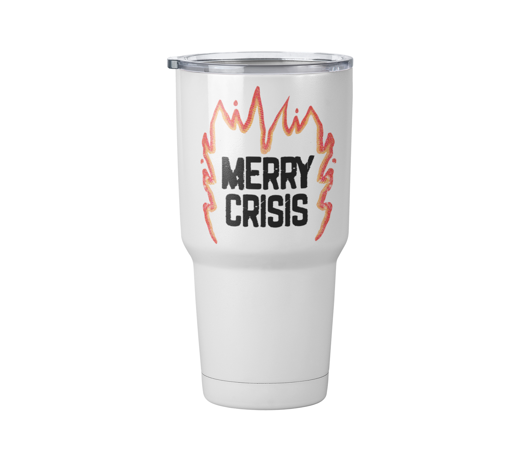 Termo merry crisis fuego | Blanco Acero | frase meme divertido | Viajero Metálico 30 oz l Personaje