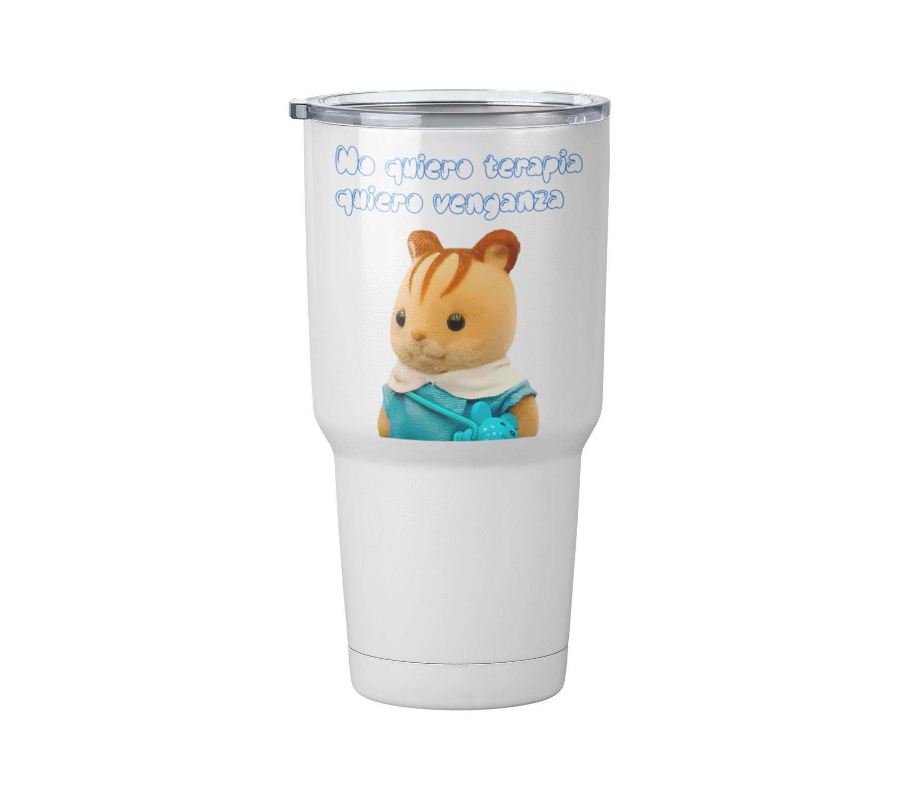 Termo ternurin no quiero terapia, quiero venganza | Frase meme divertida | Sylvanian muñeco | Blanco Acero | Viajero Metálico 30 oz