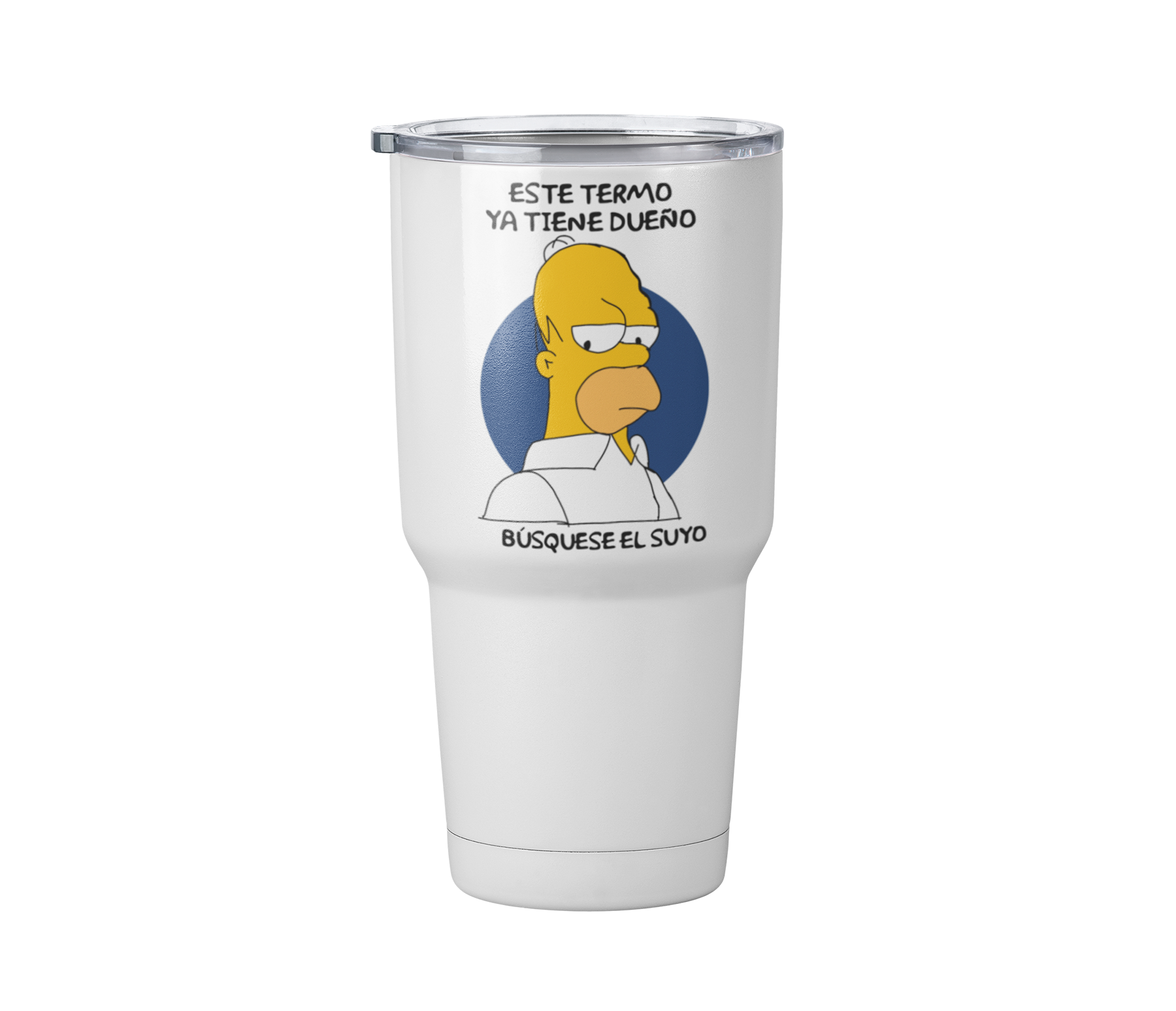 Termo homero tiene dueño | busquese el suyo | Blanco Acero | frase meme divertido | Viajero Metálico 30 oz