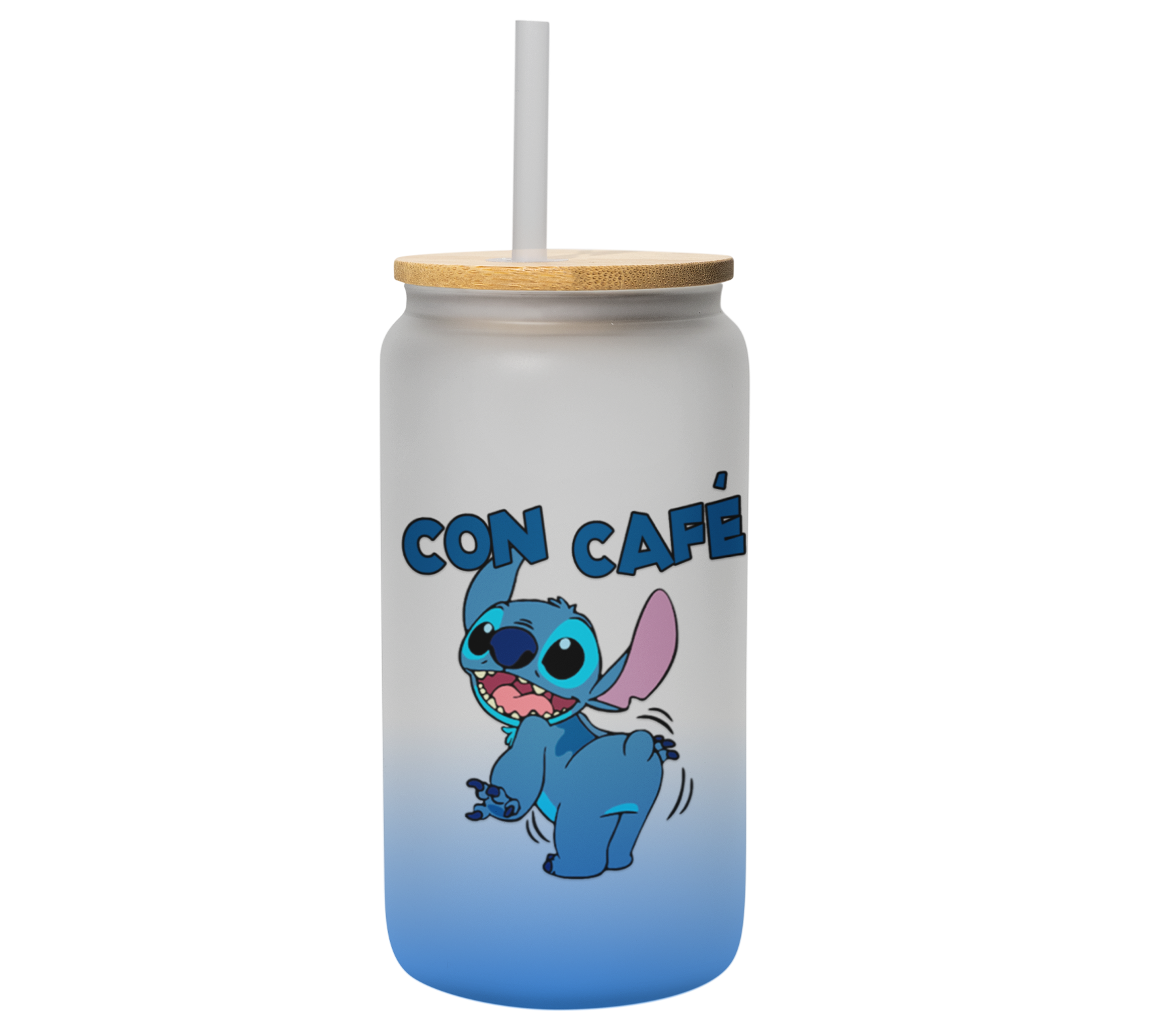 Vaso vidrio glasseado stitch con cafe y sin cafe | lata satinado con popote, azul | 500 ml | Frase divertida