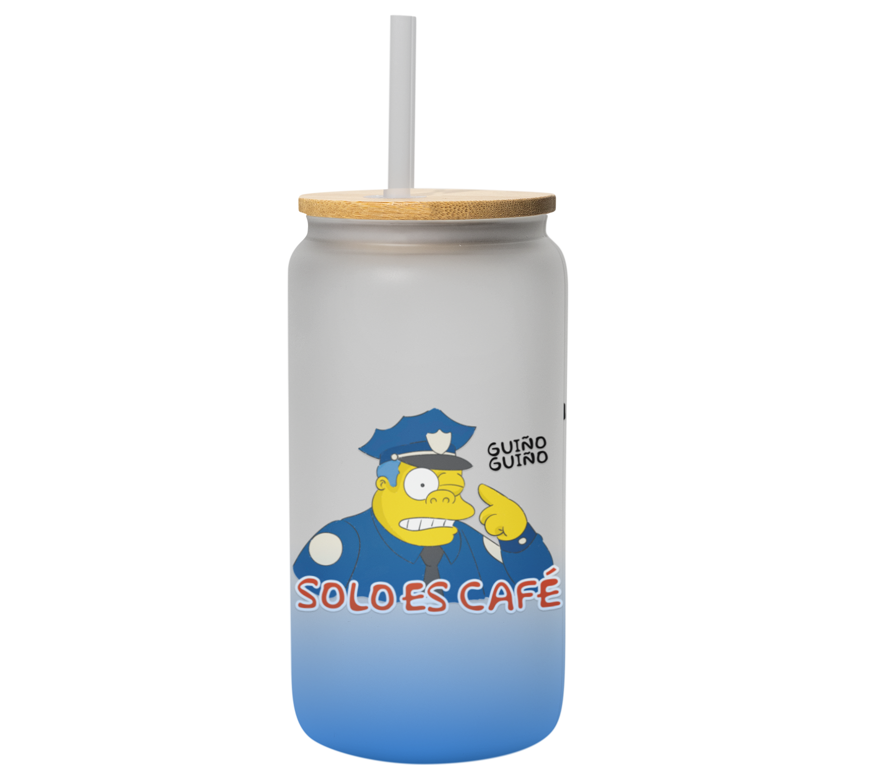 Vaso es solo café, guiño guiño | jefe georg | lata satinado con popote, azul | 500 ml | Frase divertida