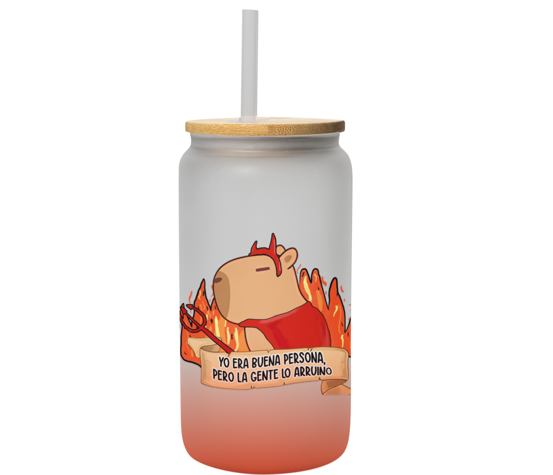 Vaso capybara yo era buena persona pero la gente lo arruino | capy fuego diablito| lata satinado con popote | color rojo | 500 ml | Frase divertida