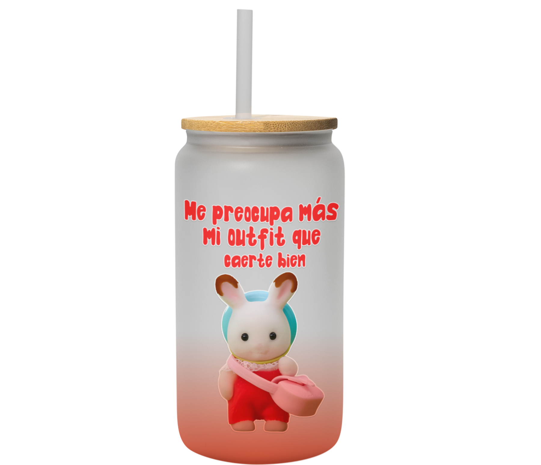 Vaso vidrio glasseado ternurin me preocupa mas mi outfit | frase meme divertida | lata satinado con popote | color rojo | 500 ml