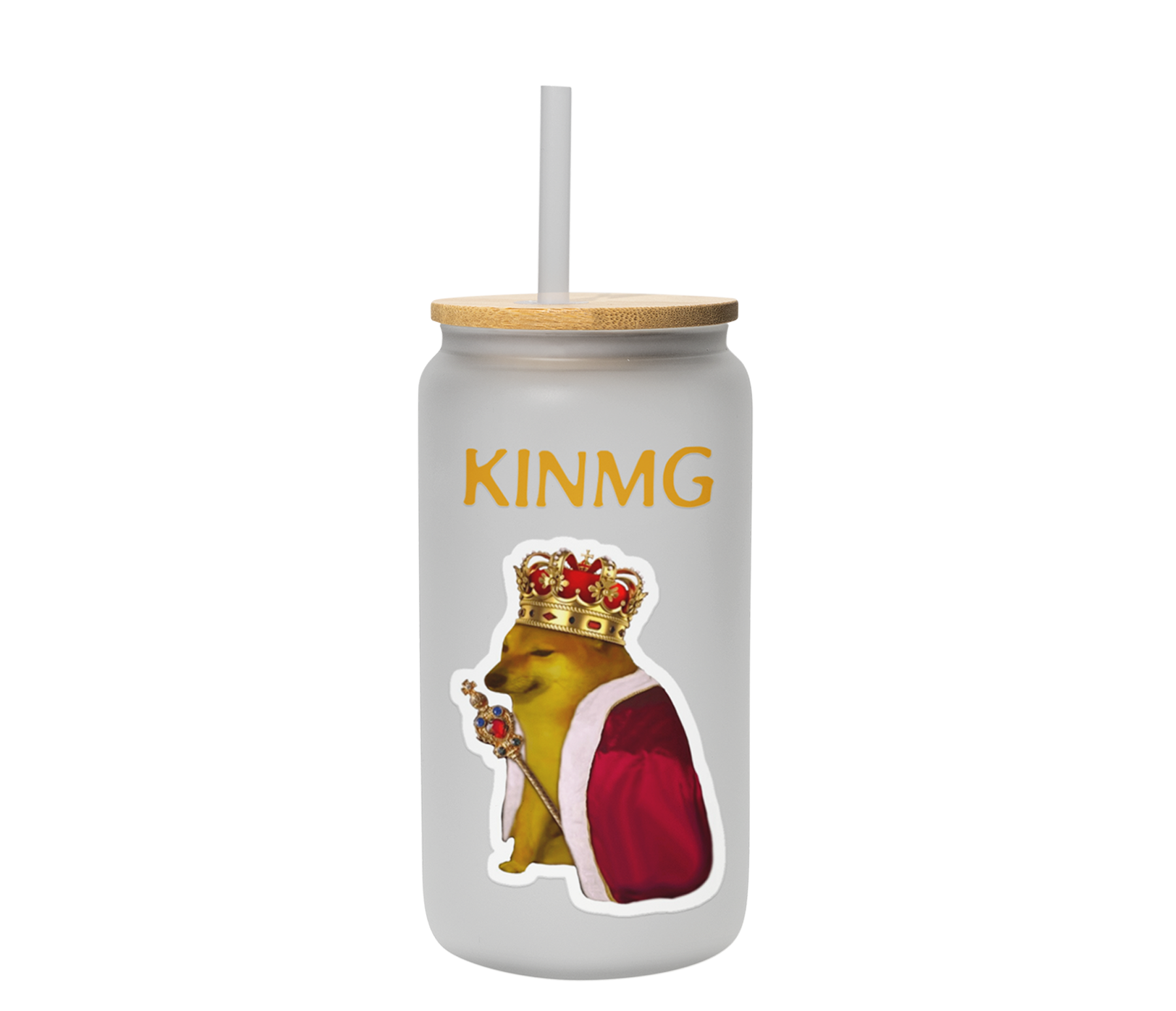 Vaso cheems kinmg | perrito doge rey | lata satinado con popote | 500 ml | Frase divertida