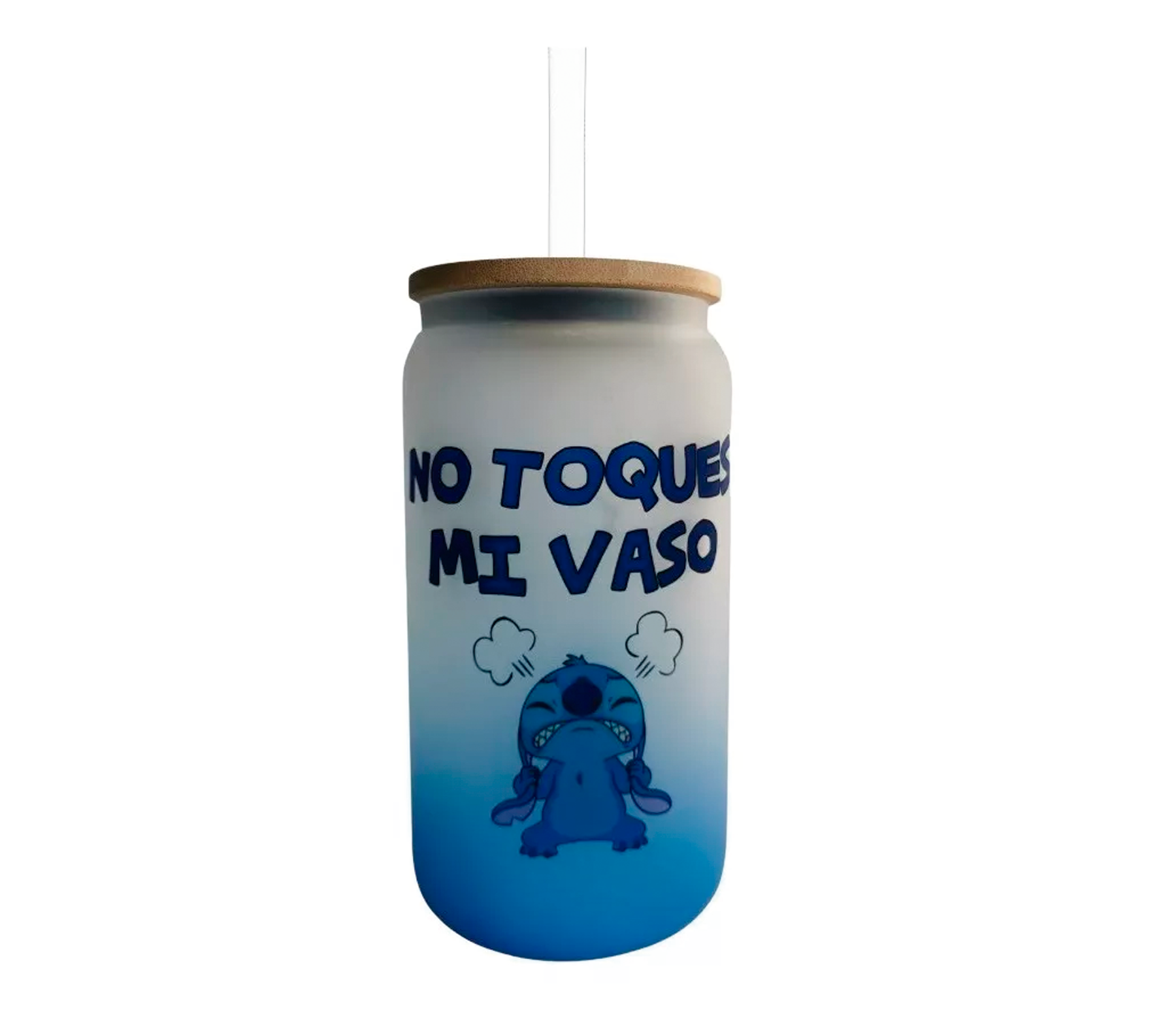 Vaso vidrio glasseado stitch no toques mi vaso | lata satinado con popote, azul | 500 ml | Frase divertida
