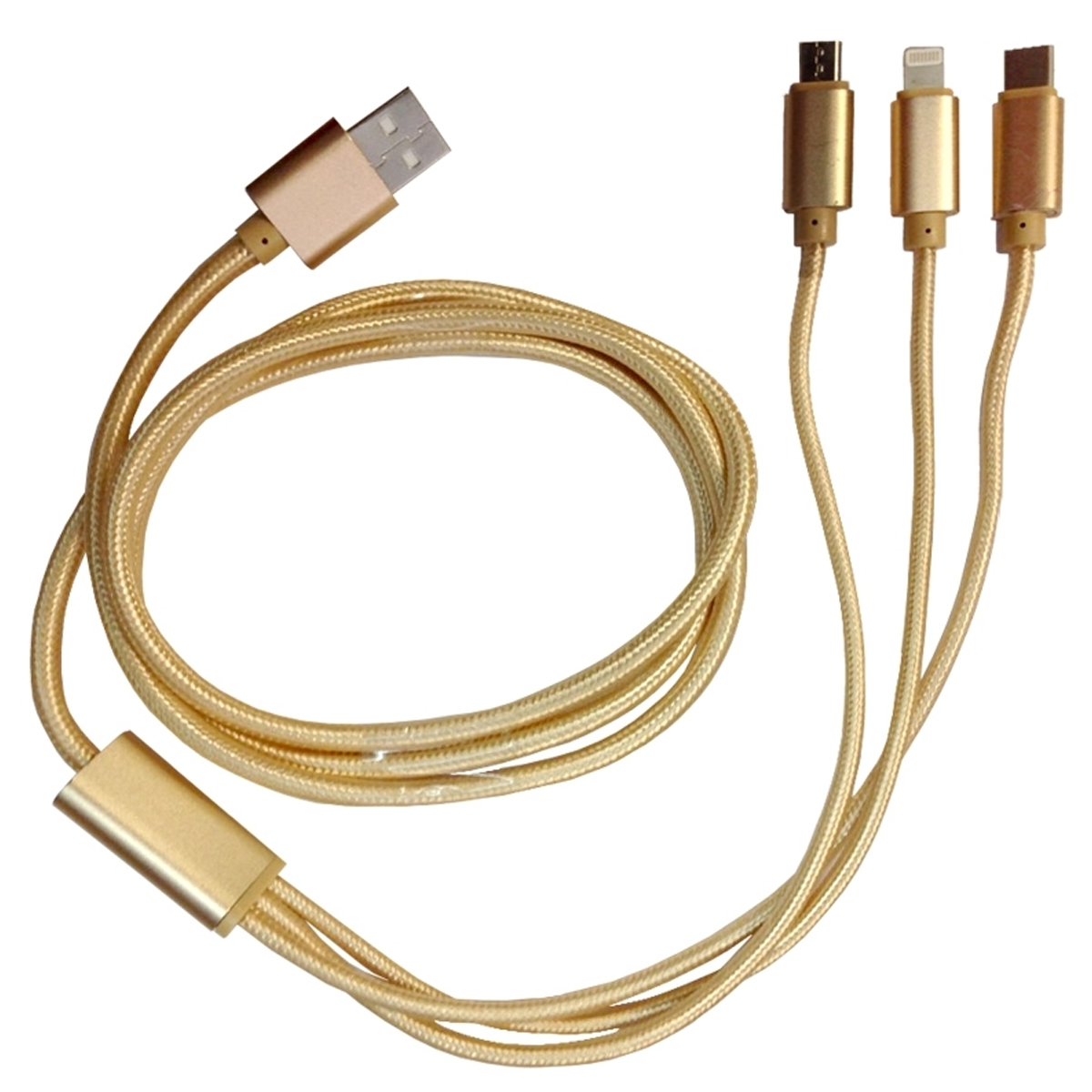 Cable Cargador 3 en 1 USB Tipo C Lightning V8 1 Metro Flexible y Resistente color Dorado