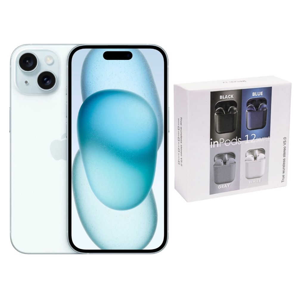 iPhone 15 128GB Azul E-SIM Reacondicionado + Audífonos Genéricos