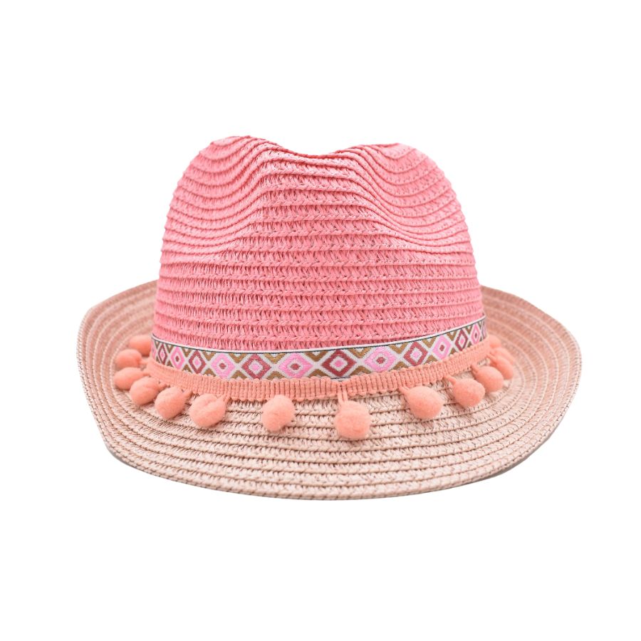 Sombrero Fedora en Tonos Rosas Detalle de Cinta con Pompones Niña 