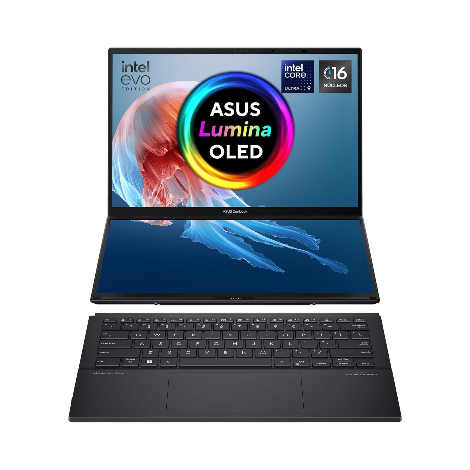 Asus Zenbook Duo OLED de 14'', Intel Core Ultra 9 185H, 32 GB RAM DDR5, 2 TB SSD NVMe, Windows 11 Home, incluye Funda y Stylus, Negro