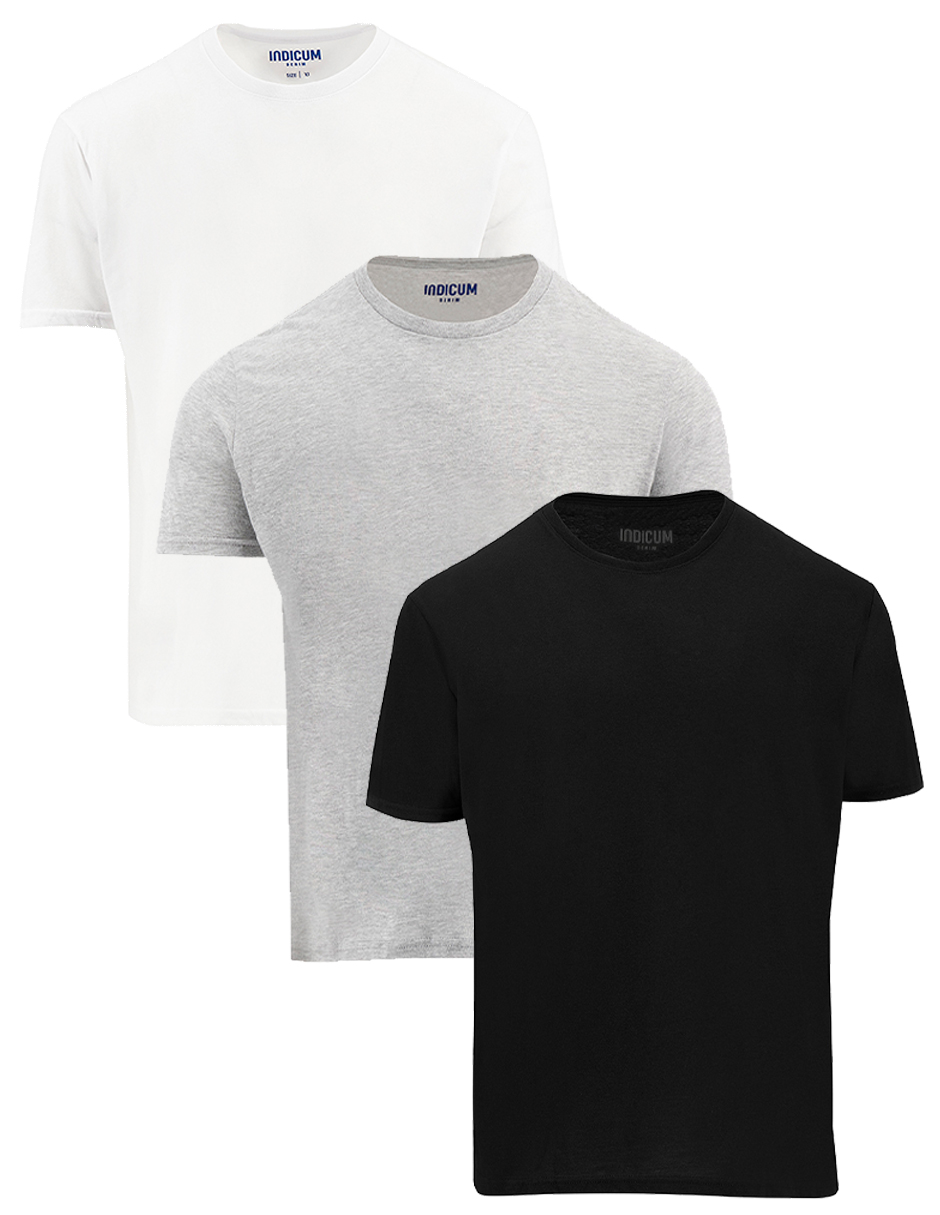 SET DE 3 PLAYERAS BÁSICAS NEGRA, GRIS, BLANCA INDICUM HOMBRE